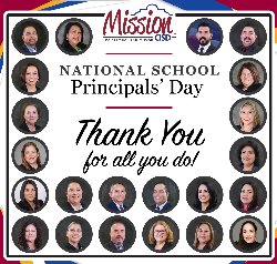 A graphic with images of all the principals from Mission CISD that reads, "National School Principals' Day - Thank you for all you do!"